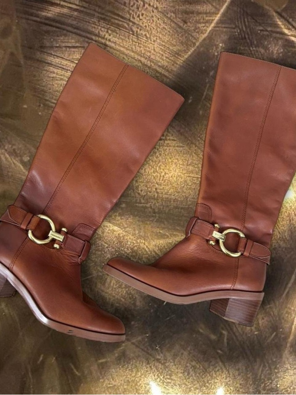 Coach Brown Leather Mid-Calf Heeled Riding Boots with Gold Ring Buckle